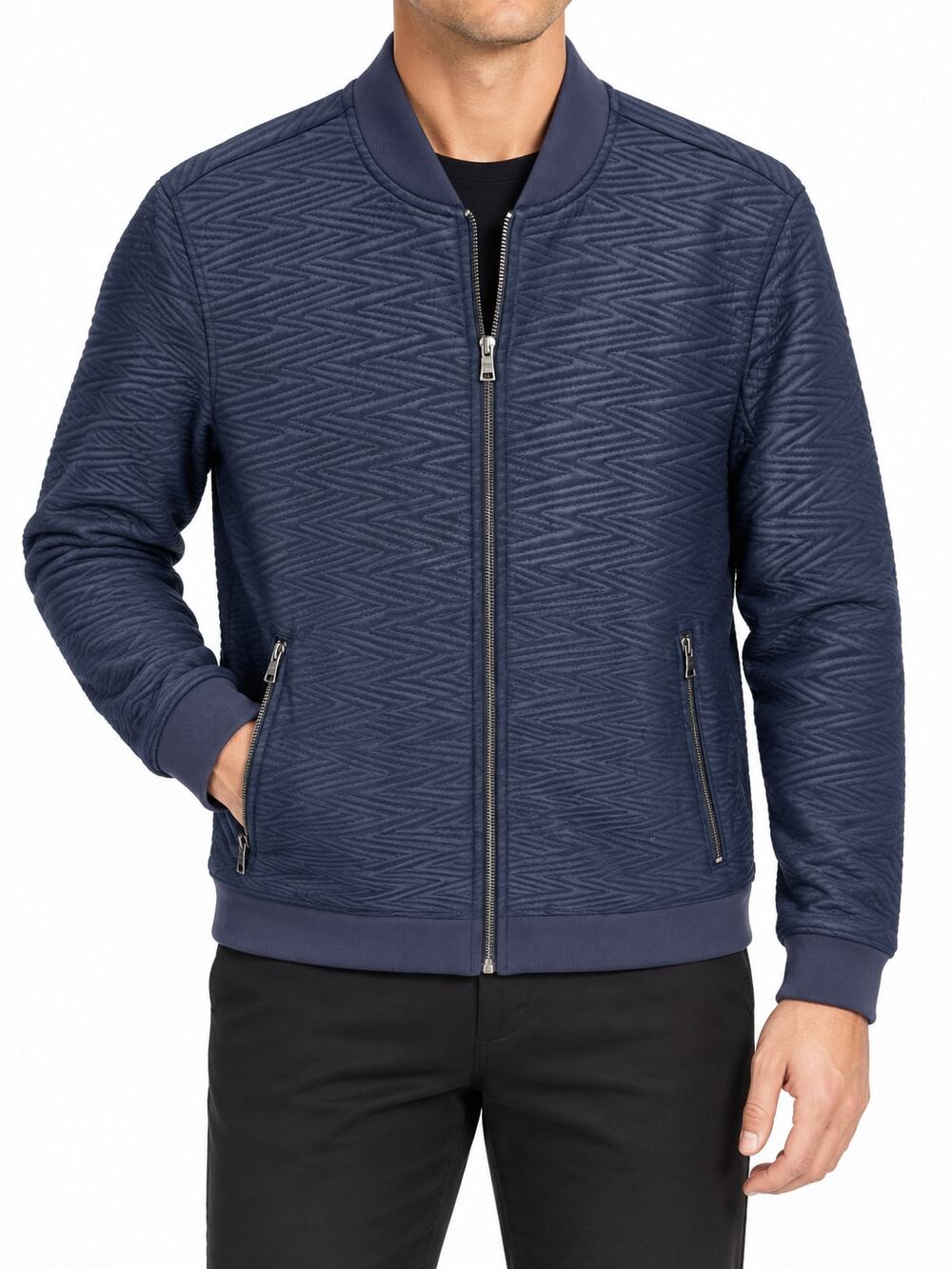 INC Men's Textured Zigzag Quilted Bomber Jacket Navy Blue Polyester Med Full Zip